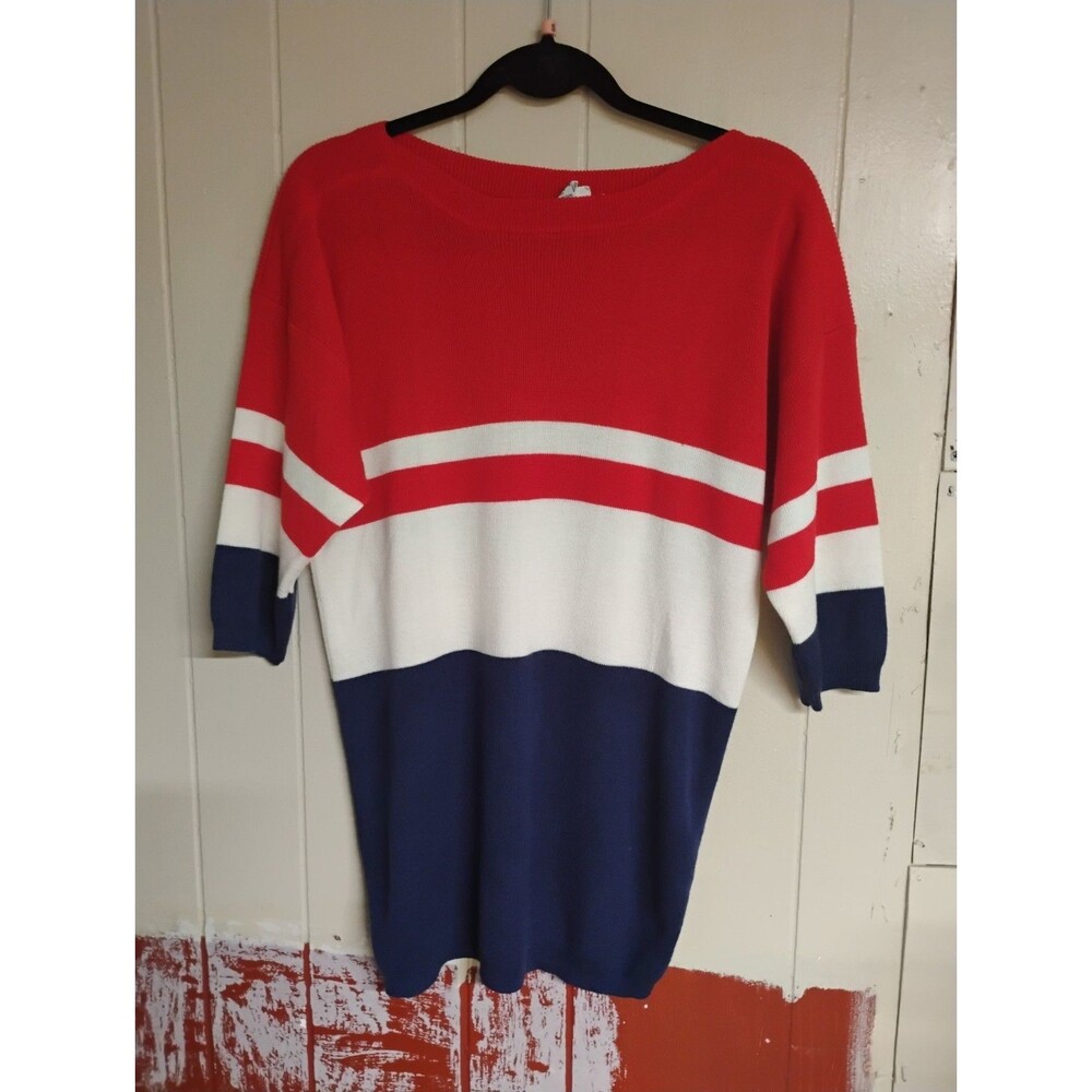 Andrea Gayle Medium Red Ivory Blue Short Sleeve Sweater Womens Flaws Vintage